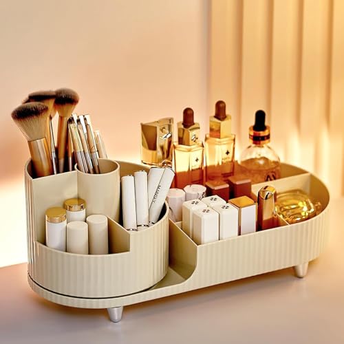Perpetual 360° Rotating Makeup Organizer with Brush Holder – Perfect Solution for Skincare, Cosmetics, Perfume & Lotion Storage, Stylish Organizer for Cosmetics, Perfumes & Brushes(Ivory) - Image 1