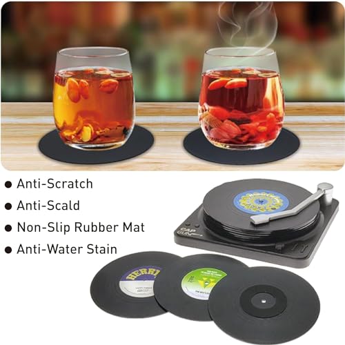 Sufcnire Funny Retro Record Coasters for Coffee Drinks with Vinyl Player Holder Set of 6 Unique Personalized Coaster Housewarming Hostess Friend Apartment Office Bar Decor Gift (M2 Series) - Image 4