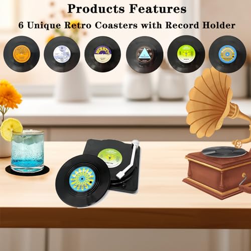 Sufcnire Funny Retro Record Coasters for Coffee Drinks with Vinyl Player Holder Set of 6 Unique Personalized Coaster Housewarming Hostess Friend Apartment Office Bar Decor Gift (M2 Series) - Image 2