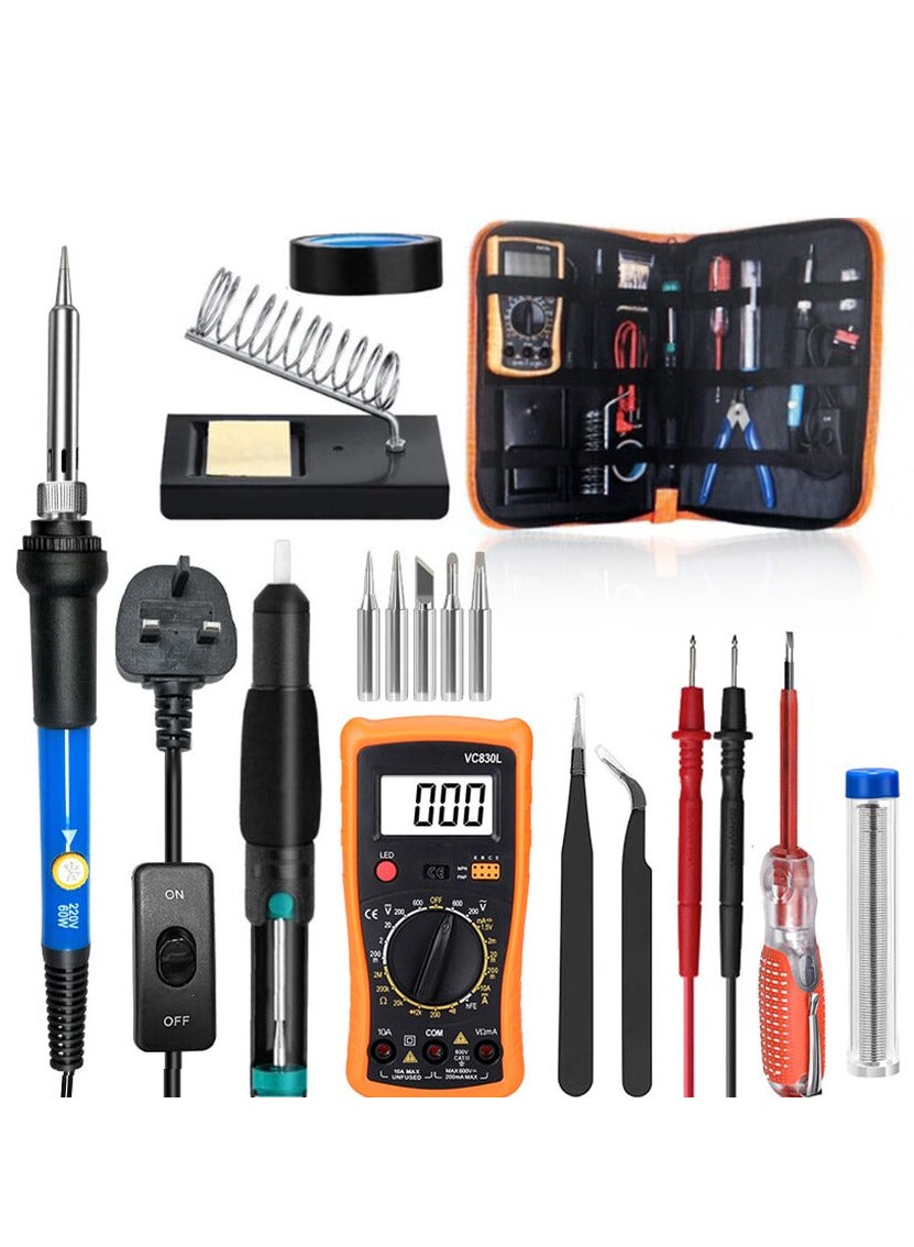 Soldering Iron Kit, 60W Welding Tool with ON/Off Switch Adjustable Temperature knob(200-450℃), Digital Multimeter, Soldering Iron Tips, Desoldering Pump for Electronics Repairing