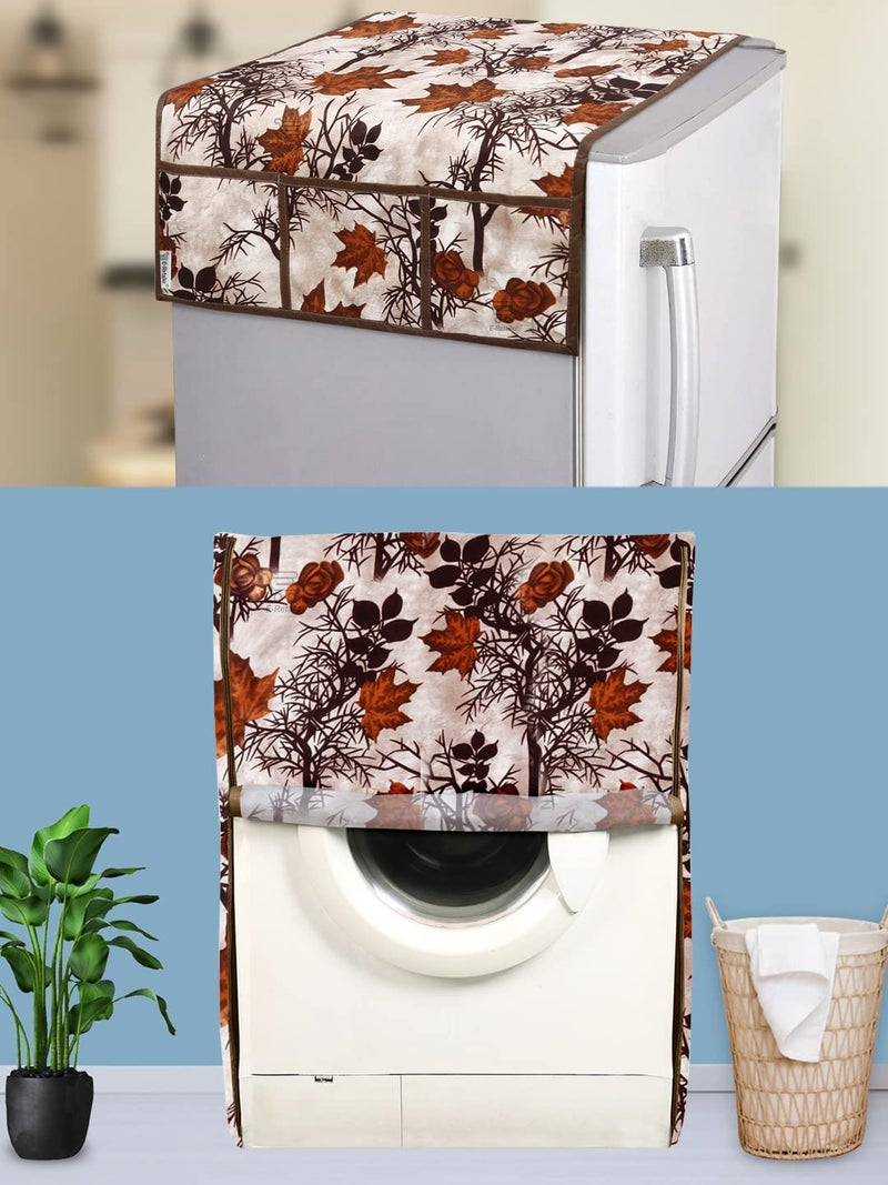 E-Retailer® Exclusive 3-Layered Polyester Combo Set of Appliances Cover (1 Pc. of Fridge Top Cover and 1 Pc. Front Load Washing Machine Cover) (Brown, Design-Floral, Set Contains-2 Pcs.) - Image 1