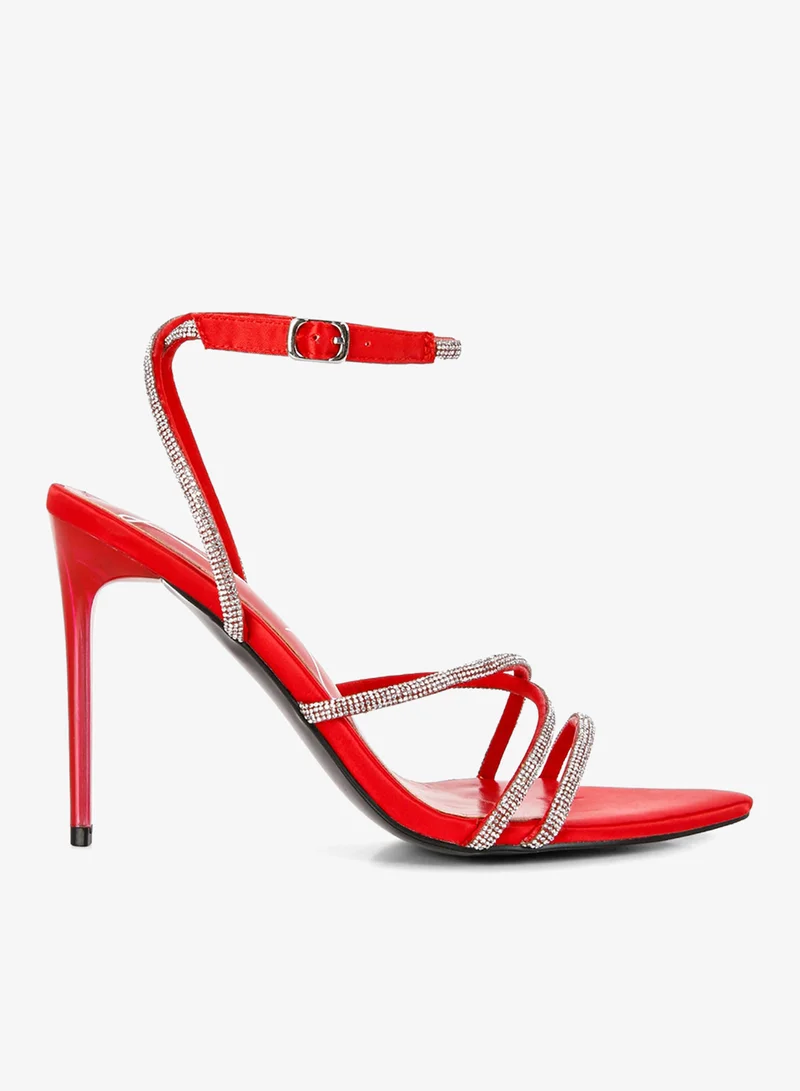 Rhinestone Embellished Stiletto Sandals in Red