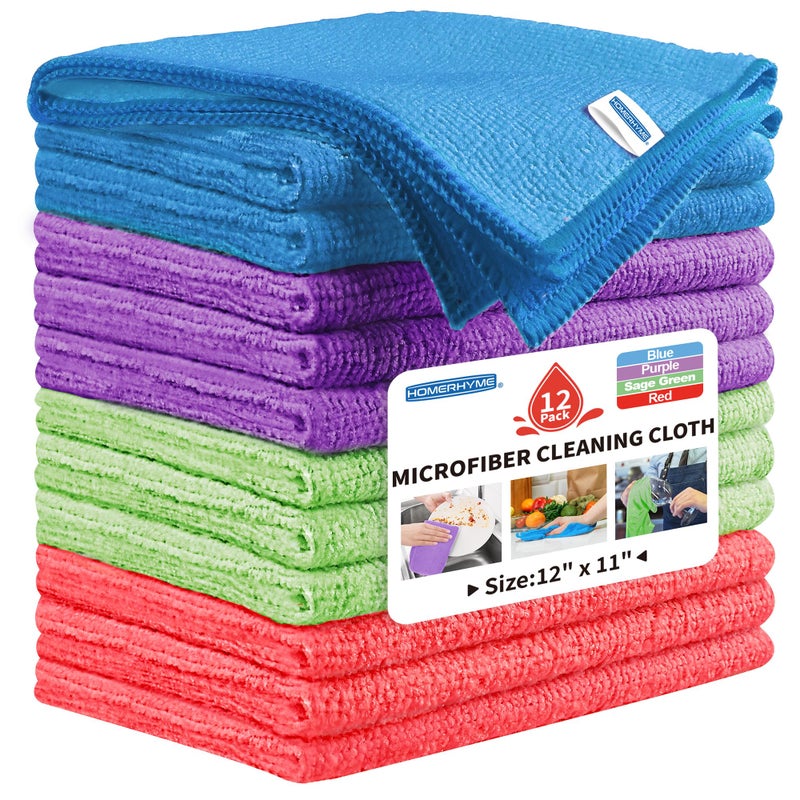 HOMERHYME Microfiber Cleaning Cloth, 12 Pack Cleaning Rags,12" X 11" Lint Free Dish Towels Wash Cloths, Reusable Microfiber Towels for Home and Kitchen Bathroom Apartment Cleaning Supplies, Assorted - Image 1