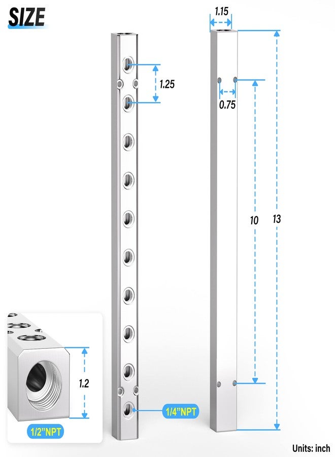 TAILONZ PNEUMATIC Silver 10 Way Pneumatic Shunt Aluminum Block Pneumatic Manifold Air Distribution Block Air path exhaust air source distributor,Compressed Air Manifold Pneumatic Block,Air divider - Image 2