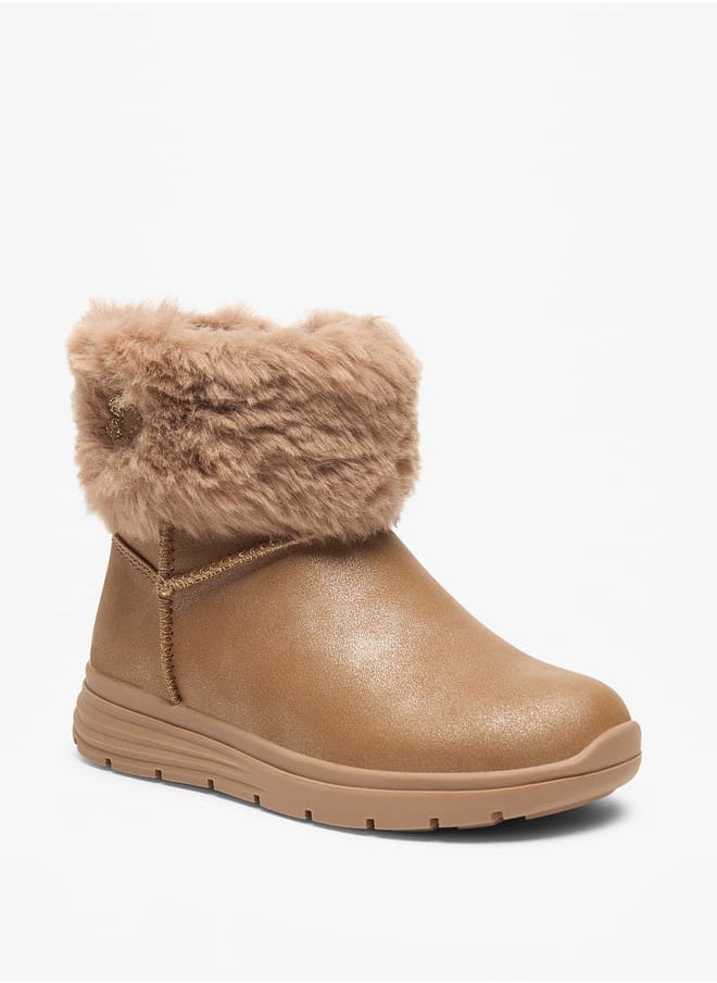 JUNIORS - Girls Faux Fur Textured Low Ankle Boots with Zip Closure - Image 1