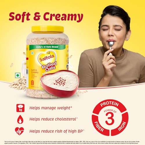 Saffola Rolled Oats | 1kg Jar | Soft & Creamy | Power of Protein, Iron & Fibre, Nutritious grain | No added sugar & Preservatives | Helps manage weight | Aids Digestion - Image 2