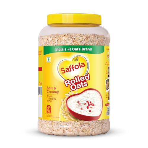 Saffola Rolled Oats | 1kg Jar | Soft & Creamy | Power of Protein, Iron & Fibre, Nutritious grain | No added sugar & Preservatives | Helps manage weight | Aids Digestion - Image 1