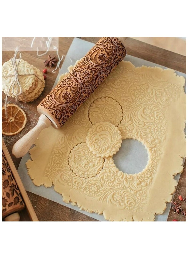 Lady Kitchen - Hand Made Dough Sheeter Made Of Carved Wood Natural Wooden Rolling Pin with Natural Patterns Imprint Roller with Embossed Decorations for Biscuits - Image 1