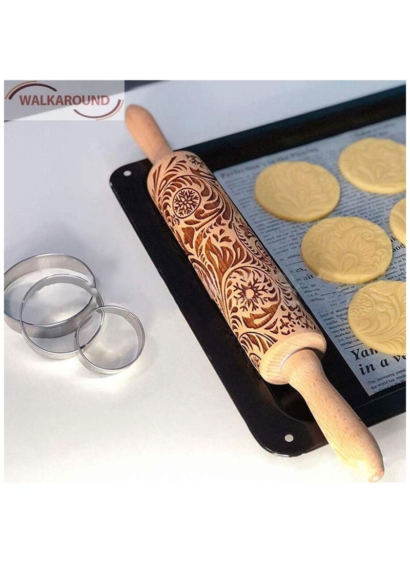 Lady Kitchen - Hand Made Dough Sheeter Made Of Carved Wood Natural Wooden Rolling Pin with Natural Patterns Imprint Roller with Embossed Decorations for Biscuits - Image 1