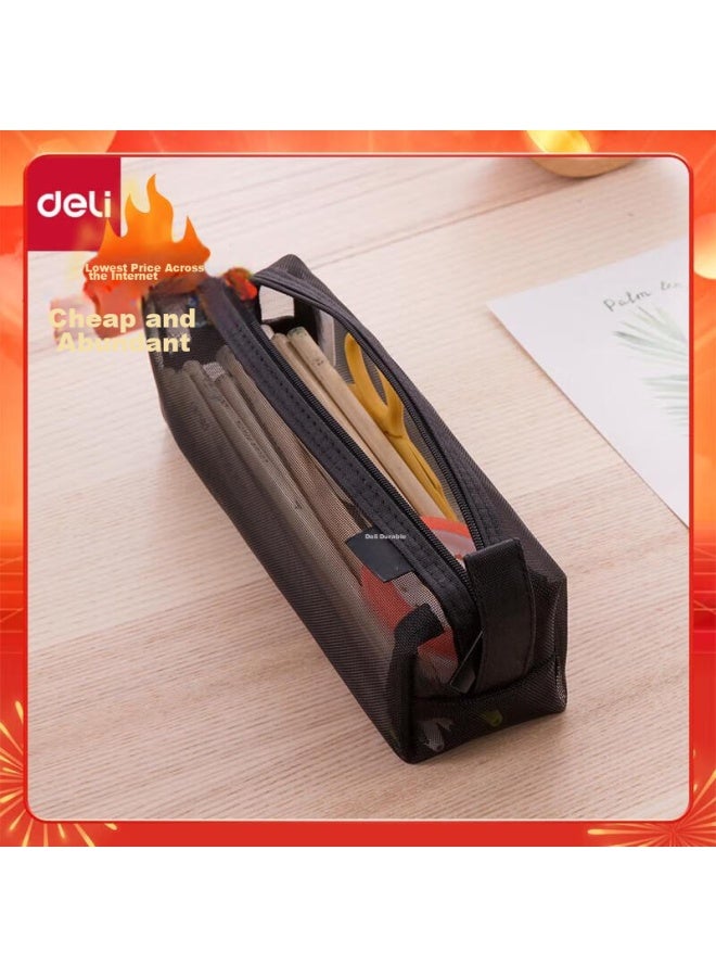ديلي Deli Transparent Mesh حافظة أقلام / Exam-use صندوق قرطاسية نايلون مربع / حقيبة تخزين أقلام يدوية كبيرة السعة، مناسبة لامتحانات المدارس الإعدادية والكلية وامتحانات القبول للدراسات العليا، Legendary Black - Image 1