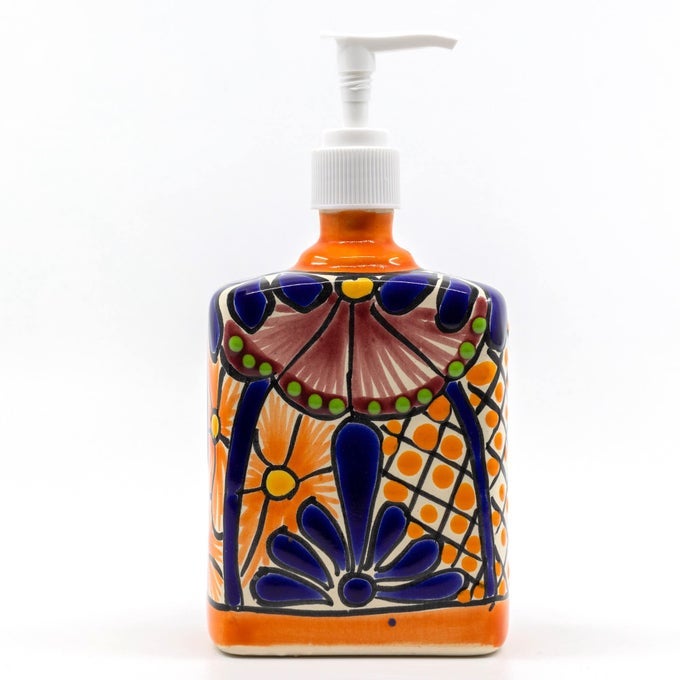 TALAVERA CERAMIC SOAP LOTION DISPENSER HANDPAINTED MEXICAN POTTERY FOR KITCHEN BATHROOM LEADFREE RUSTPROOF PUMP EASY REFILL UNIQUE MULTICOLOR DESIGN JABONERA MULTICOLOR