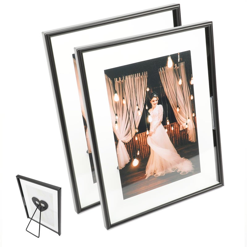 AhaGo Black Floating Frame (6""x8""  Vertical  2 Set) with Heart  Stand  For Picture 5x7  4x6  3.5x5  Metal Glass  Classy For Festival  Home or Wedding - Image 1
