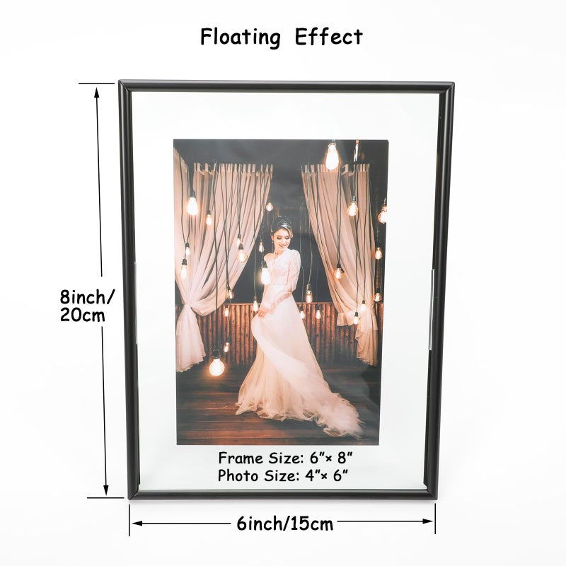 AhaGo Black Floating Frame (6""x8""  Vertical  2 Set) with Heart  Stand  For Picture 5x7  4x6  3.5x5  Metal Glass  Classy For Festival  Home or Wedding - Image 2