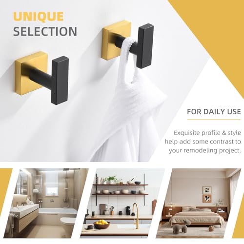 Angle Simple Bathroom Towel Hook 2 Pack, SUS 304 Stainless Steel Bath Robe Coat Holder Wall Mounted, Black & Gold - Image 2