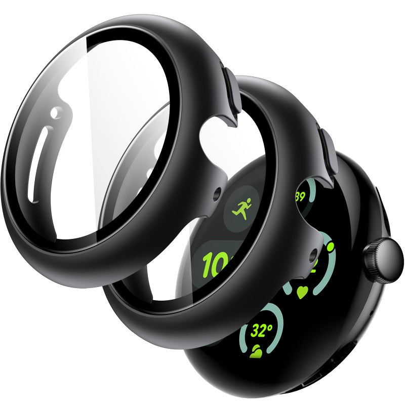 JETech Case with Screen Protector for Google Pixel Watch 3/2/1 41mm, Built-in 9H Tempered Glass Film Hard PC Bumper Full Coverage Protective Cover, 2-Pack (Black/Black) - Image 1