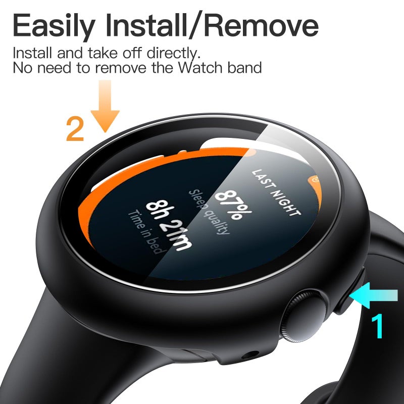 JETech Case with Screen Protector for Google Pixel Watch 3/2/1 41mm, Built-in 9H Tempered Glass Film Hard PC Bumper Full Coverage Protective Cover, 2-Pack (Black/Black) - Image 4