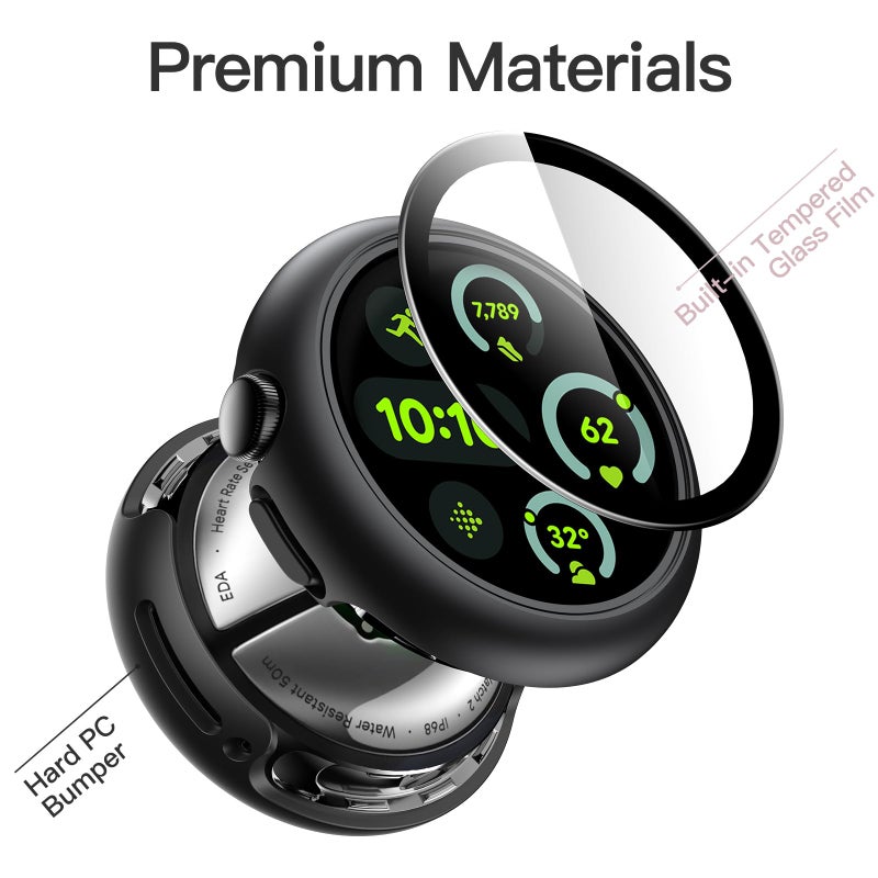 JETech Case with Screen Protector for Google Pixel Watch 3/2/1 41mm, Built-in 9H Tempered Glass Film Hard PC Bumper Full Coverage Protective Cover, 2-Pack (Black/Black) - Image 3