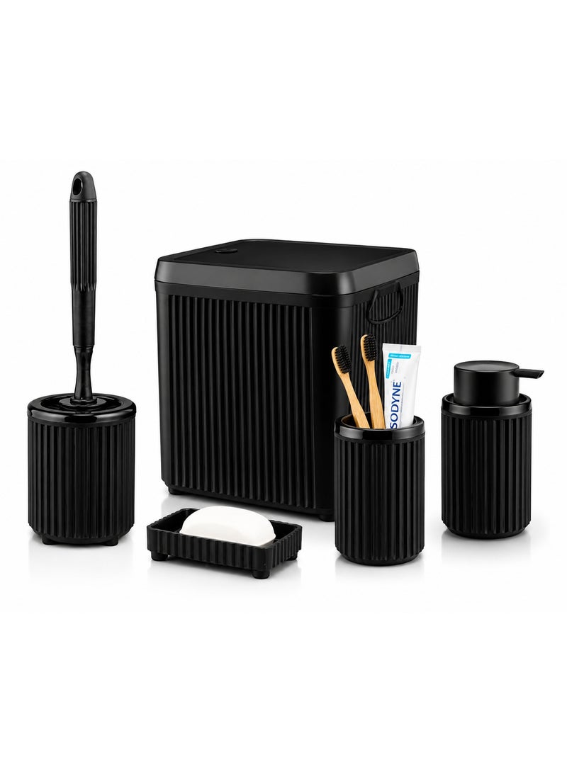 Bathroom Accessories Set 5 Pieces Plastic Ribbed Bathroom Organizer with Dustbin Soap Dispenser Toilet Brush Holder Toothbrush Holder Soap Dish (Black) - Image 1