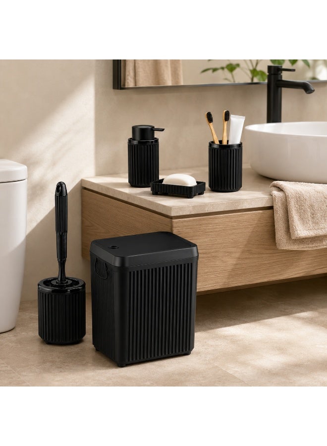 Bathroom Accessories Set 5 Pieces Plastic Ribbed Bathroom Organizer with Dustbin Soap Dispenser Toilet Brush Holder Toothbrush Holder Soap Dish (Black) - Image 3
