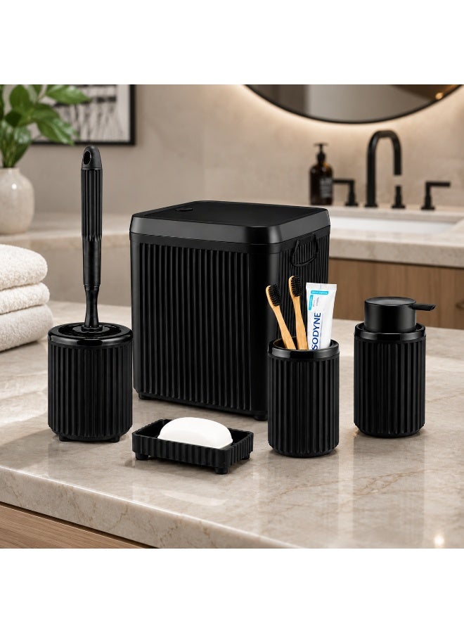 Bathroom Accessories Set 5 Pieces Plastic Ribbed Bathroom Organizer with Dustbin Soap Dispenser Toilet Brush Holder Toothbrush Holder Soap Dish (Black) - Image 2