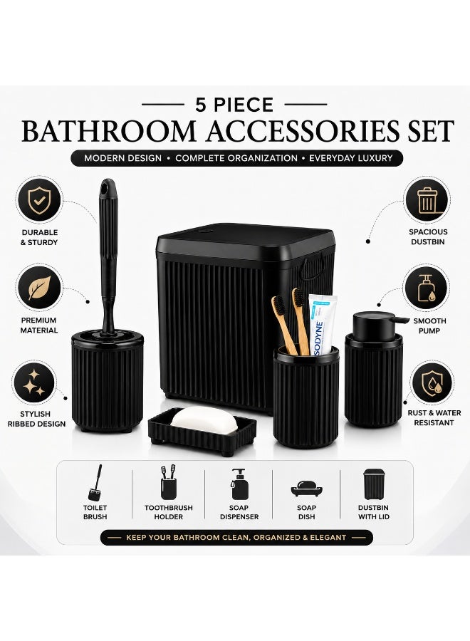 Bathroom Accessories Set 5 Pieces Plastic Ribbed Bathroom Organizer with Dustbin Soap Dispenser Toilet Brush Holder Toothbrush Holder Soap Dish (Black) - Image 4