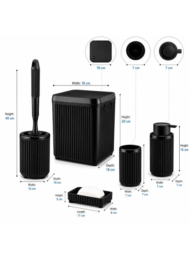 Bathroom Accessories Set 5 Pieces Plastic Ribbed Bathroom Organizer with Dustbin Soap Dispenser Toilet Brush Holder Toothbrush Holder Soap Dish (Black) - Image 5