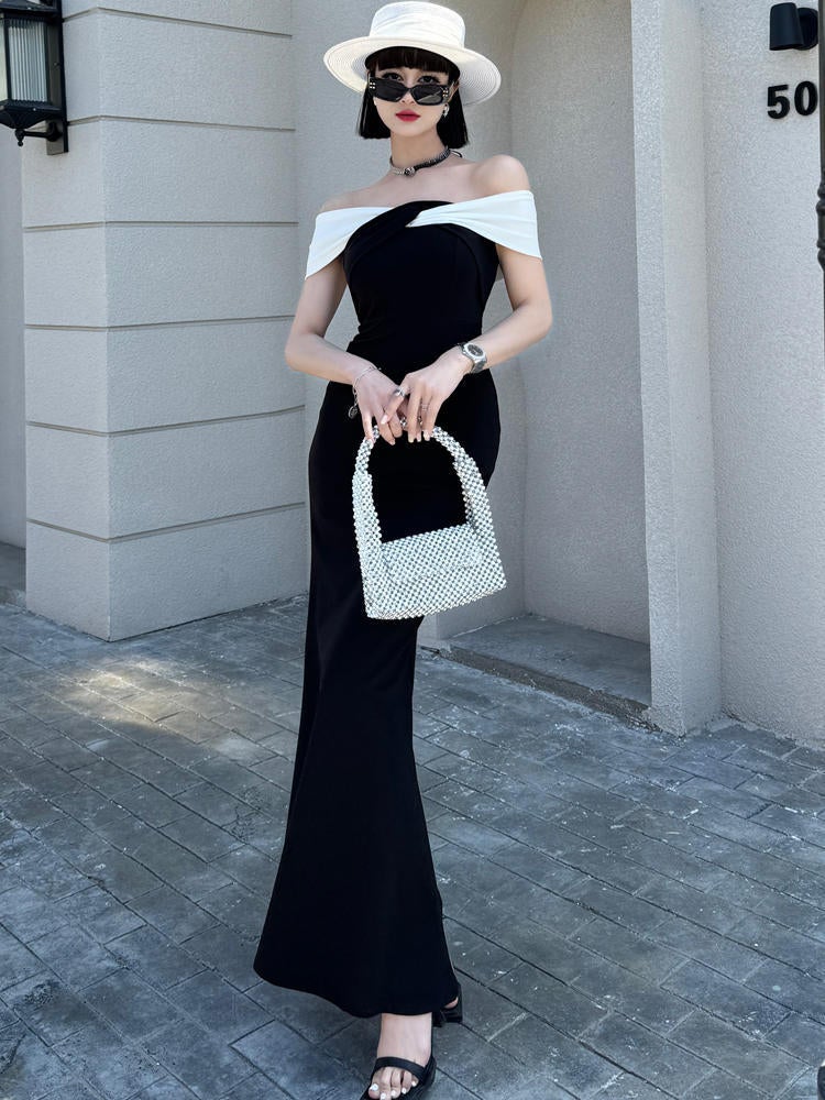 Black Off-Shoulder Star Evening Dress Color Matching High-End Niche Fishtail Engagement Host Dress Long - Image 2