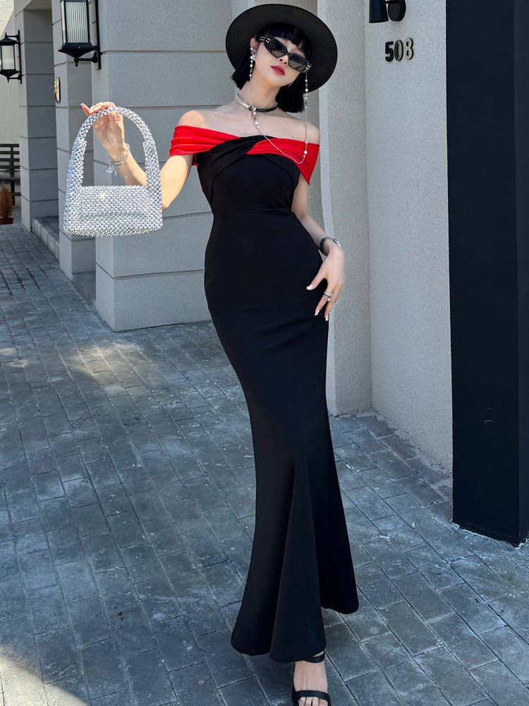 Black Off-Shoulder Star Evening Dress Color Matching High-End Niche Fishtail Engagement Host Dress Long - Image 4