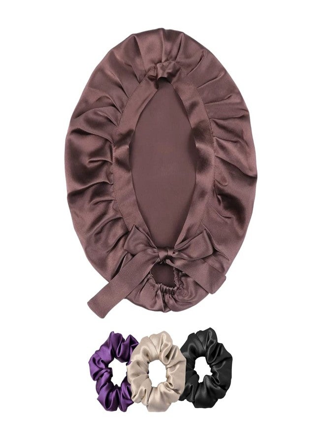 Atrube Silk Hair Bonnet With 3 Premium Silk Satin Scrunchies | Head Cap for Sleeping | Satin Bonnet for Curly Hair | Night Cap for Women - Standard Size (Brown) - Image 2
