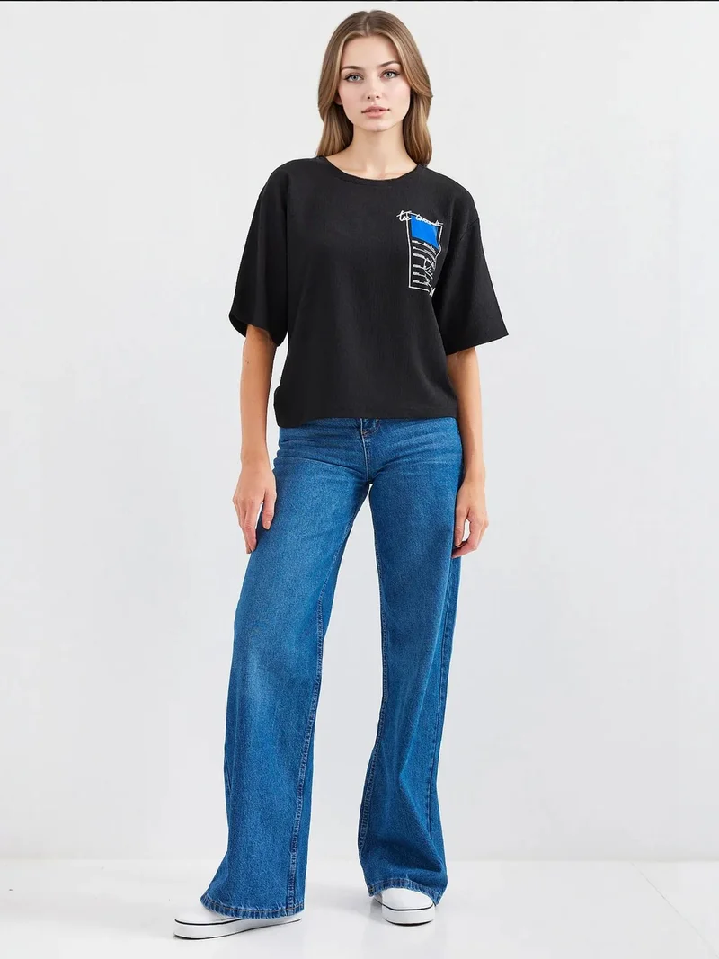 Big Dart Black BDART Printed Crew Neck Short Sleeve T-Shirt for Women | Best Price UAE
