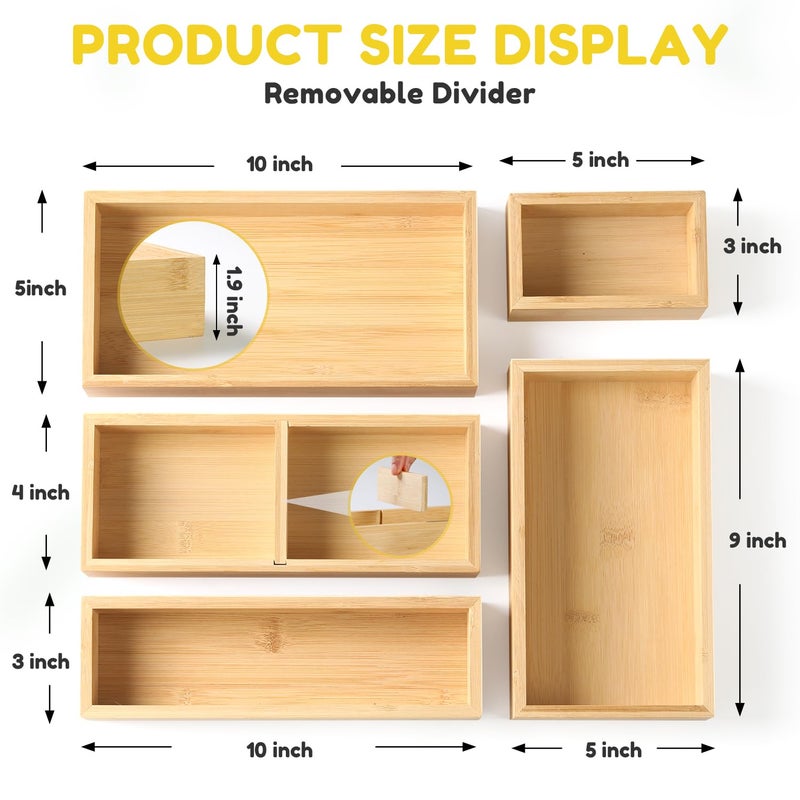 lilLittle Bamboo Drawer Organizer, 5 Pcs Kitchen Drawer Organizer Set, Multi Purpose Utensil Drawer Organizer, Silverware Organizer for Kitchen, Bathroom, Office, Junk Drawers - Image 3