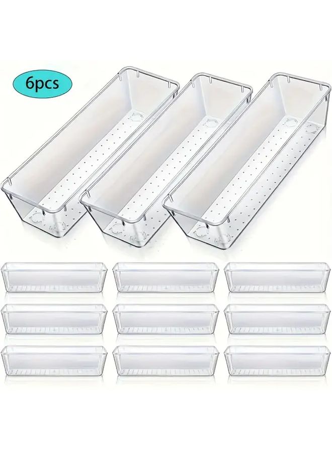 6 Pcs Transparent Plastic Vanity Drawer Organizer With Sliding Lid Heavy Duty Storage Boxes 9x3x2 Inch Space Saving Drawer Dividers For Kitchen Desk Home Storage - Image 1