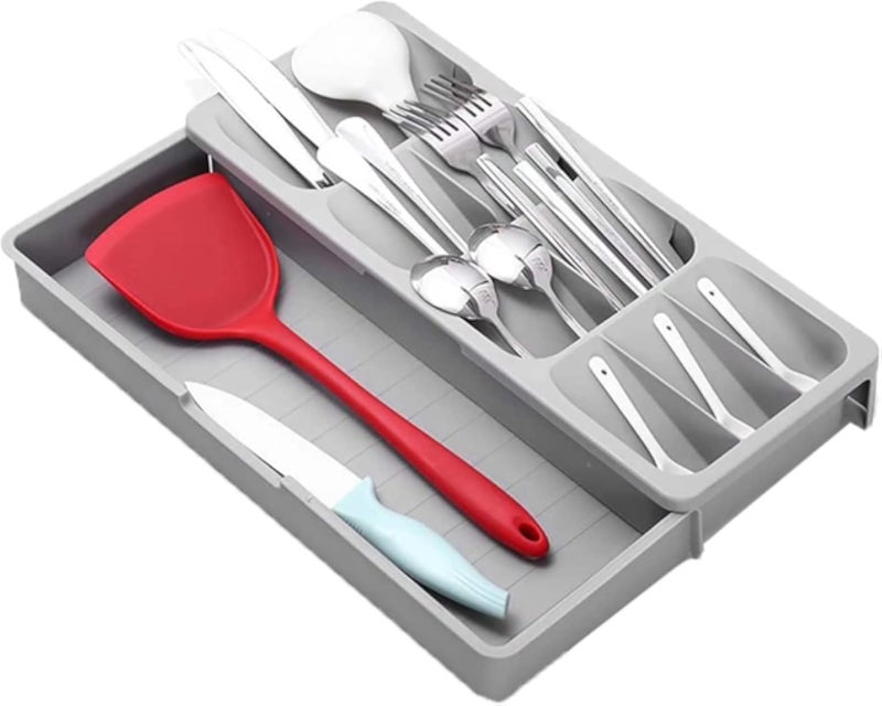 Kitchen Drawer Storage Tray Expandable Cutlery Storage Tray Utensil Holder Drawer Cutlery Rack Plastic Drawer Organizer Tray Kitchen Drawer Flatware Holder for Kitchen Drawer Utensil Spoons Forks