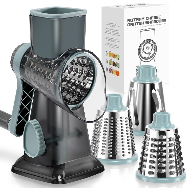 Badelite Cheese Grater Vegetable Cheese Shredder Slicer Grater for Kitchen 3 Changeable Blades for Cheese Potato Zucchini Nuts Chocolate Grey Blue - Image 2