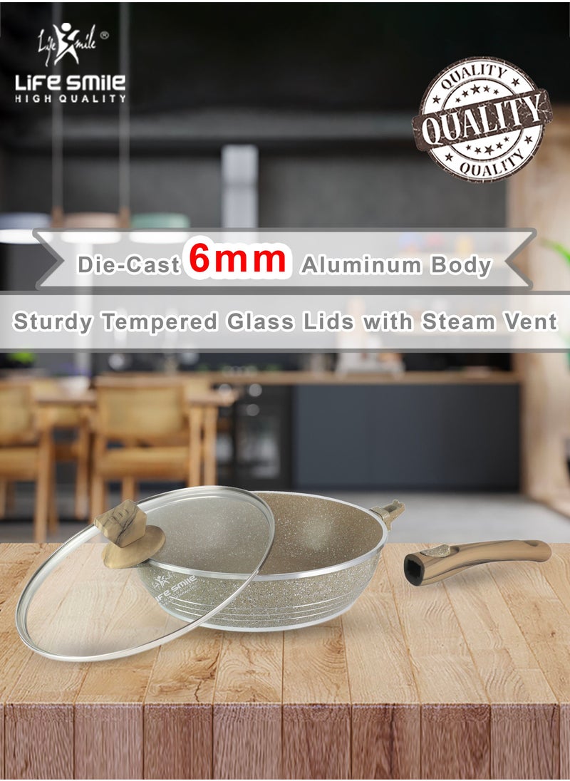 Life Smile - 24/28cm Sizes Detachable Handle French Deep Frying Pan With Lid - Multi Layer Granite Coating Fry Pan - Heat-Resistant Handle Hanging Loop - Image 1