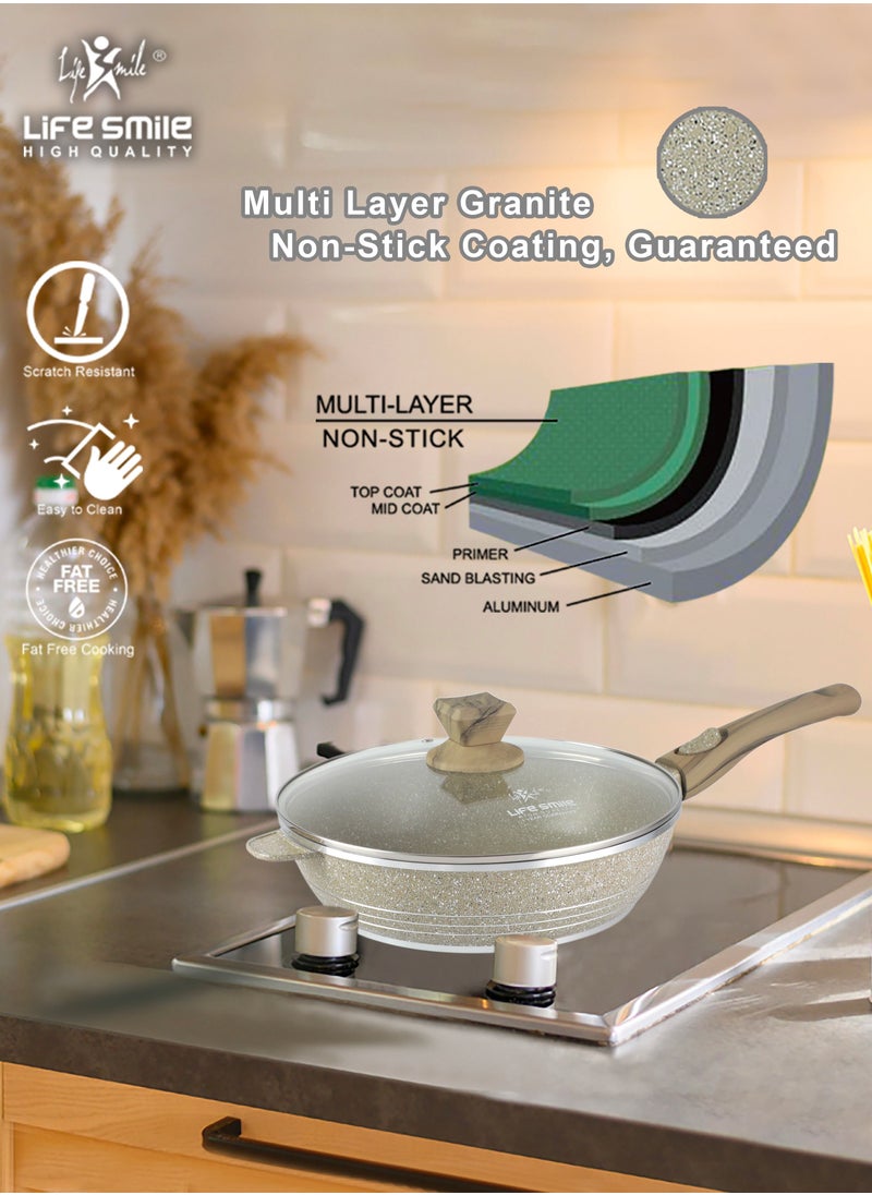 Life Smile - 24/28cm Sizes Detachable Handle French Deep Frying Pan With Lid - Multi Layer Granite Coating Fry Pan - Heat-Resistant Handle Hanging Loop - Image 1
