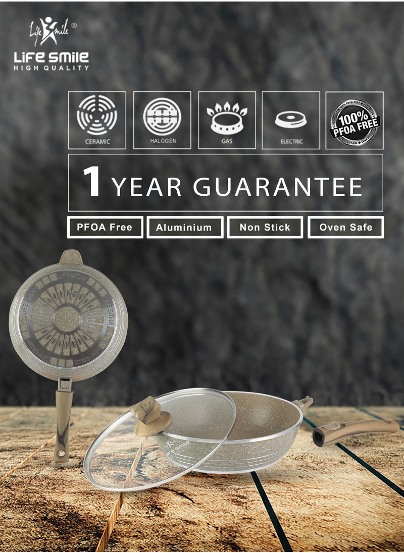Life Smile - 24/28cm Sizes Detachable Handle French Deep Frying Pan With Lid - Multi Layer Granite Coating Fry Pan - Heat-Resistant Handle Hanging Loop - Image 1