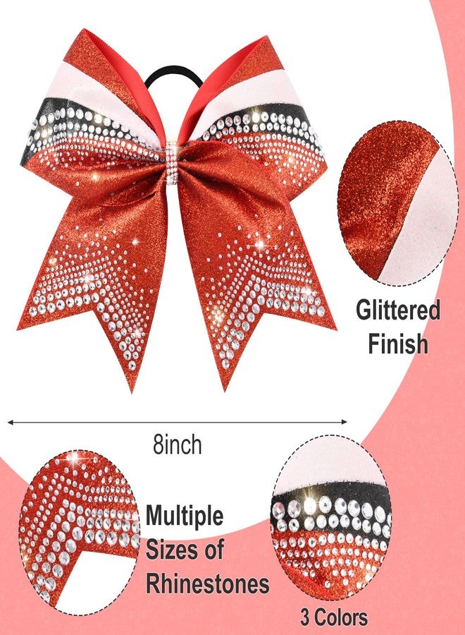 DEEKA 6 PCS 7" Large Glitter Cheer Bows with Shiny Rhinestones Three Color Stiff Hair Bows Elastic Band Ponytail Holder for for Cheerleaders Softball Girls Sports -Red/Black/White - Image 3