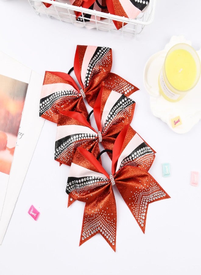 DEEKA 6 PCS 7" Large Glitter Cheer Bows with Shiny Rhinestones Three Color Stiff Hair Bows Elastic Band Ponytail Holder for for Cheerleaders Softball Girls Sports -Red/Black/White - Image 4