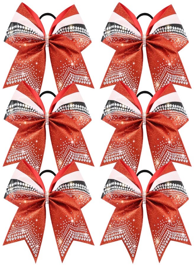 DEEKA 6 PCS 7" Large Glitter Cheer Bows with Shiny Rhinestones Three Color Stiff Hair Bows Elastic Band Ponytail Holder for for Cheerleaders Softball Girls Sports -Red/Black/White - Image 1