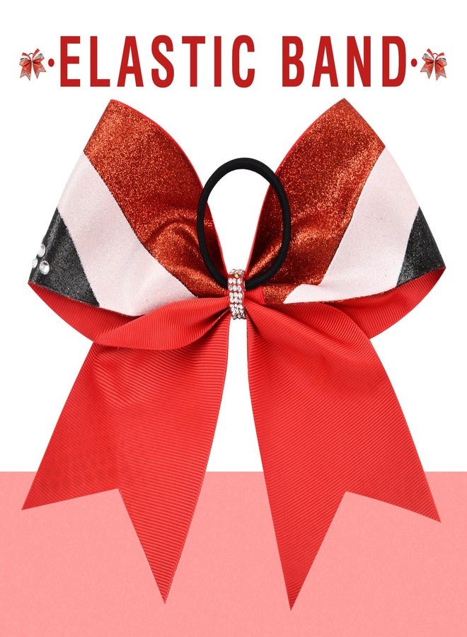 DEEKA 6 PCS 7" Large Glitter Cheer Bows with Shiny Rhinestones Three Color Stiff Hair Bows Elastic Band Ponytail Holder for for Cheerleaders Softball Girls Sports -Red/Black/White - Image 2