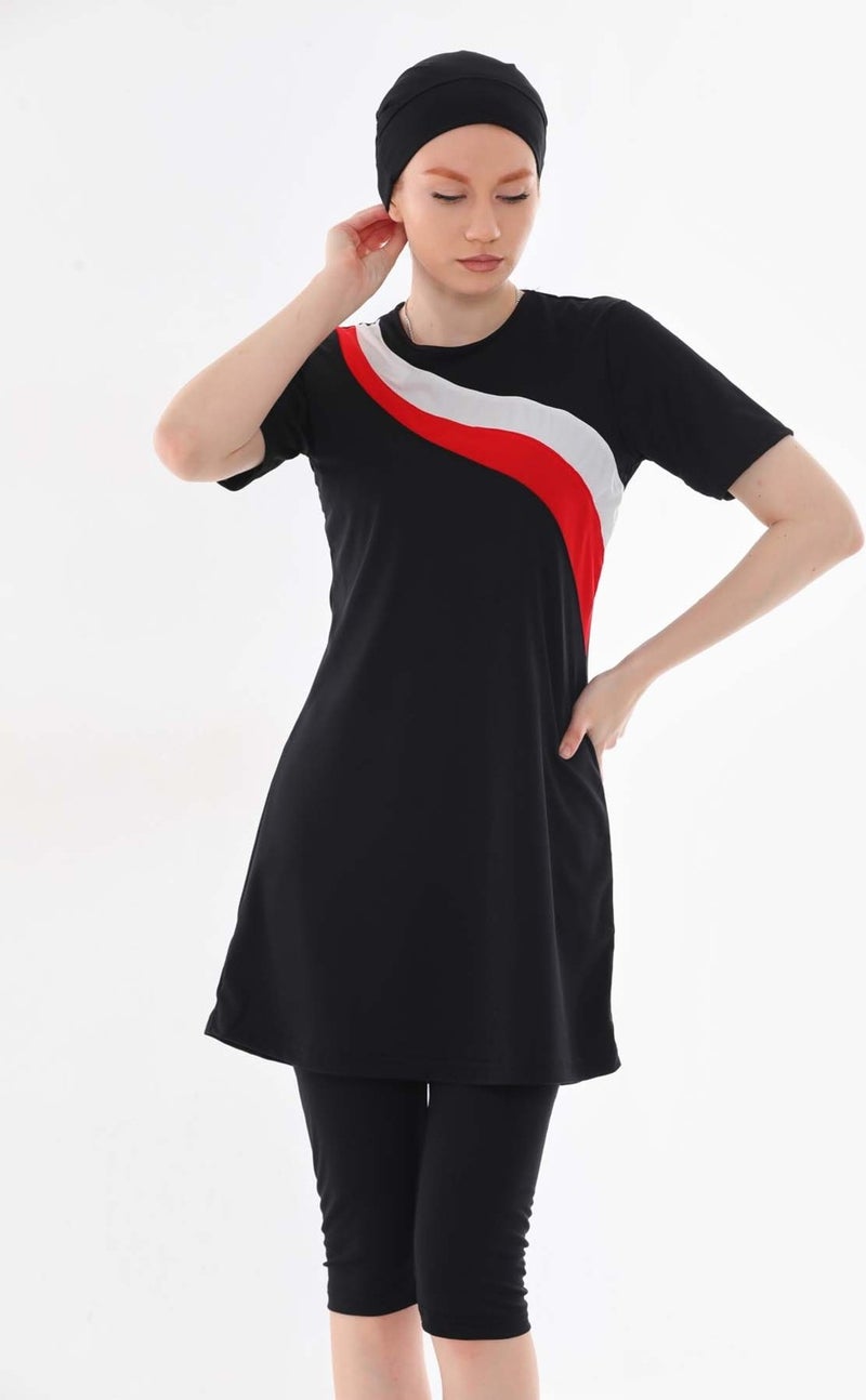 Aslınur Gizil Half Covered Hijab Swimsuit Lycra Red/White Garni Swimsuit  - Image 1