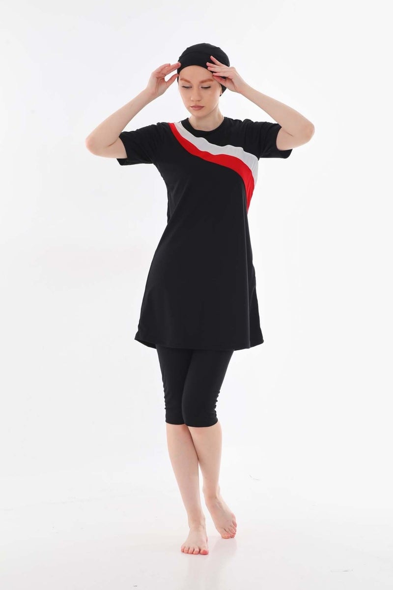 Aslınur Gizil Half Covered Hijab Swimsuit Lycra Red/White Garni Swimsuit  - Image 4