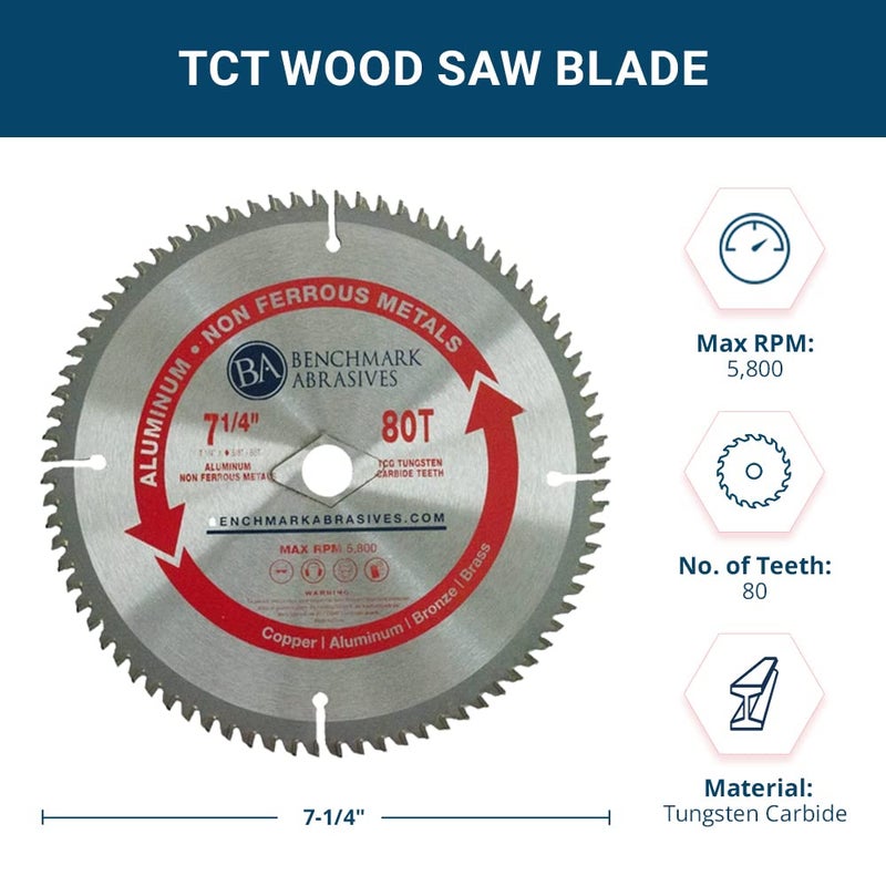 Benchmark Abrasives Tct 7-1/4 Inch Circular Saw Blade  Tungsten Carbide Tipped Non Ferrous Metal Cutting Saw Blades For Cutting Plastic  Fiberglass  Pvc  Aluminum Cutting Blade - (7-1/4"" - 80 Teeth) - Image 5