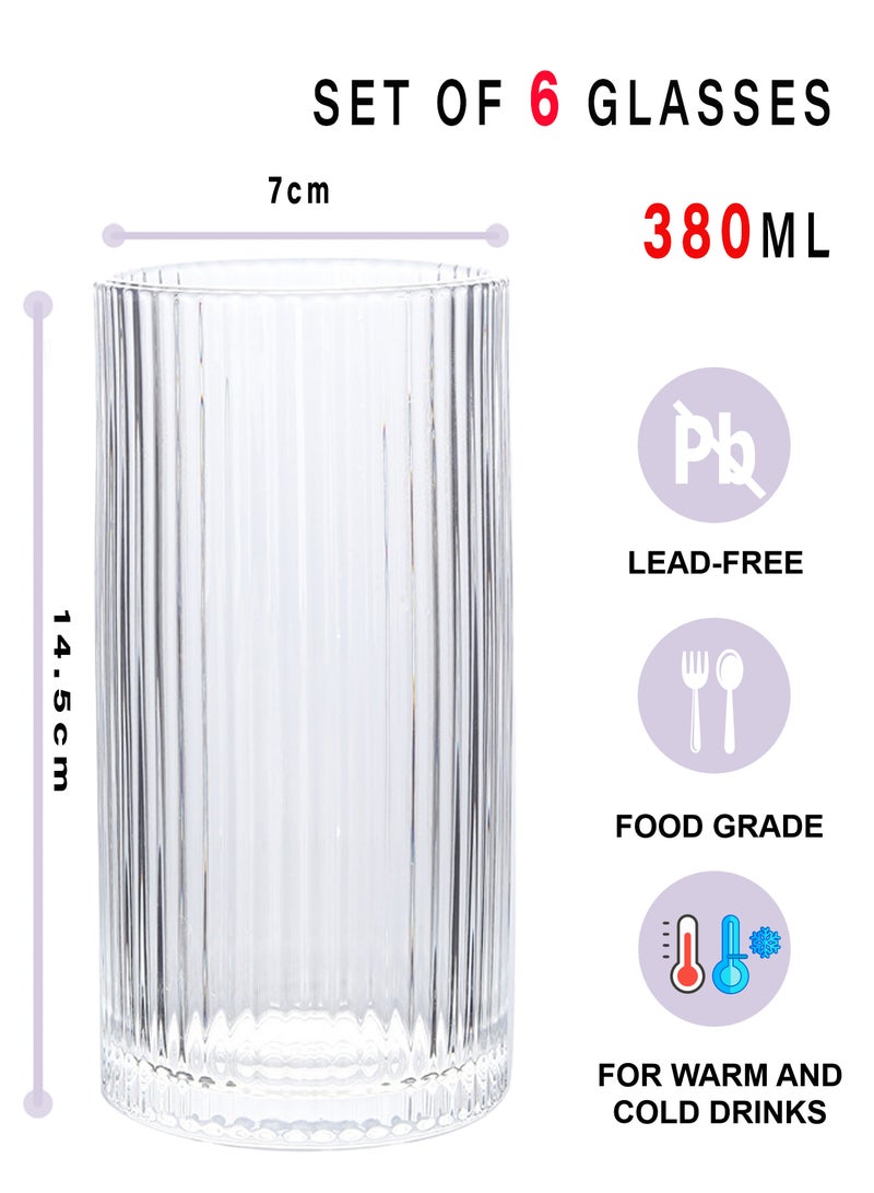 6 أكواب شرب شفافة مضلعة بقاعدة سميكة سعة 380 مل - أكواب زجاجية بتصميم مخطط عمودي لتقديم المشروبات والاستخدام اليومي - Image 2