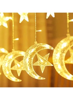 Generic Pack of 2 pc each 138 LED Star Moon Curtain Decorative Lights, Window Curtain Fairy String with connecting Plug, 8 Lighting Modes for Home Ramadan Decoration Wedding Party, Warm White  - Image 1