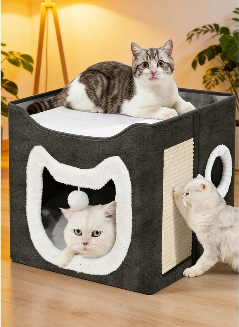Yoawllty Cat House with Scratching Pad, 4 Seasons Cat Bed Cave, Semi-Enclosed Warm Cat Nest for Indoor Cats, Cute Cat Ear Design - Image 1