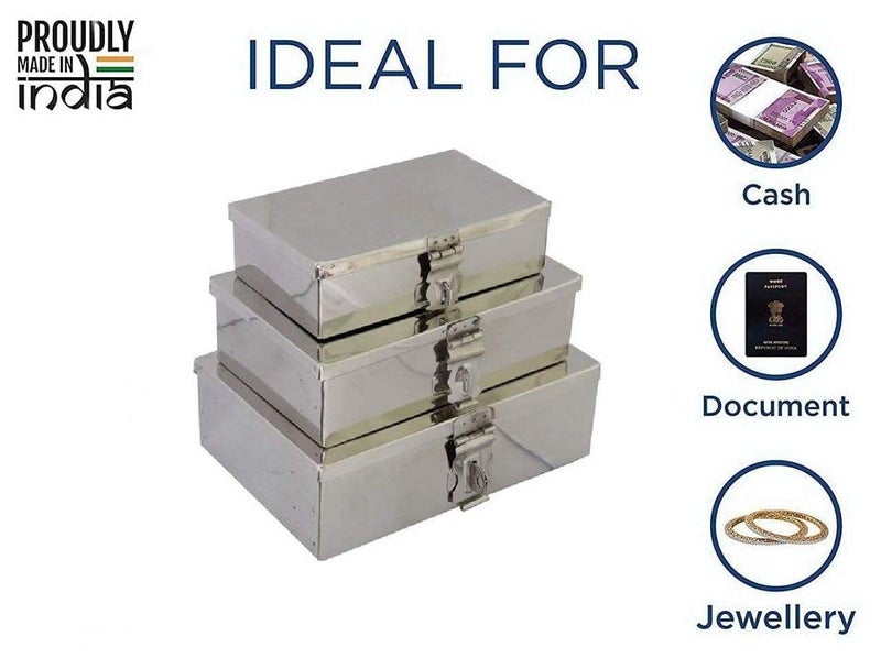 GvanyS Stainless Steel Storage BoxesCash Peti Pooja PetiOrganizer Vanity Box Safe Locker Box Set of 3 pieces 7 8 and 9 Storage Box Steel - Image 2