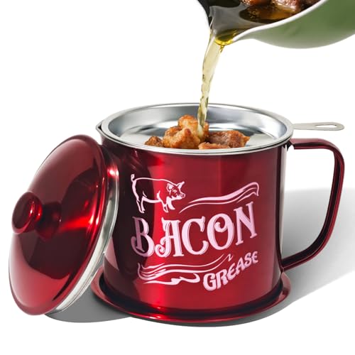QMET 1.3L Bacon Grease Saver Container with Fine Mesh Strainer,Stainless Steel Oil Keeper Can for Bacon,46oz Large Rustic Farmhouse Fat Container, Keeper, Recipes, Dishwasher Safe (Red) - Image 1