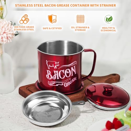QMET 1.3L Bacon Grease Saver Container with Fine Mesh Strainer,Stainless Steel Oil Keeper Can for Bacon,46oz Large Rustic Farmhouse Fat Container, Keeper, Recipes, Dishwasher Safe (Red) - Image 5